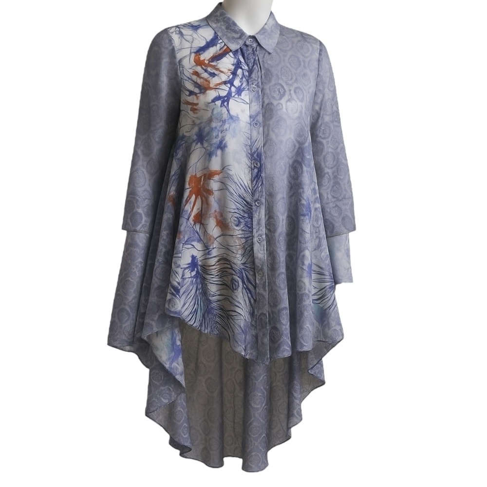 Dor Dor Couture M Blue Asymmetric Layered Button-Up Blouse Artsy Lagenlook Lace